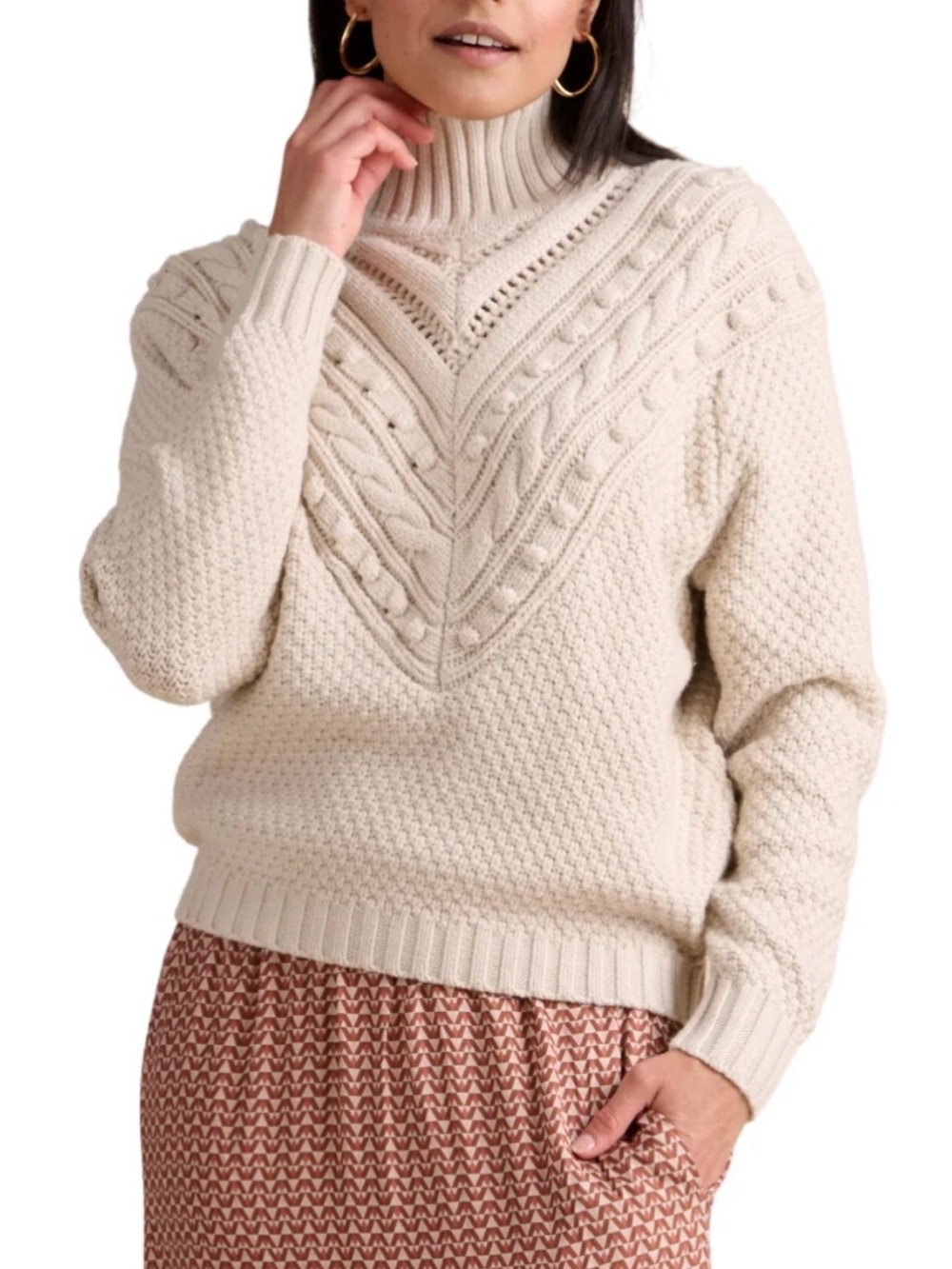 Turtleneck Teddy Jacket-Style Sweater in Cream